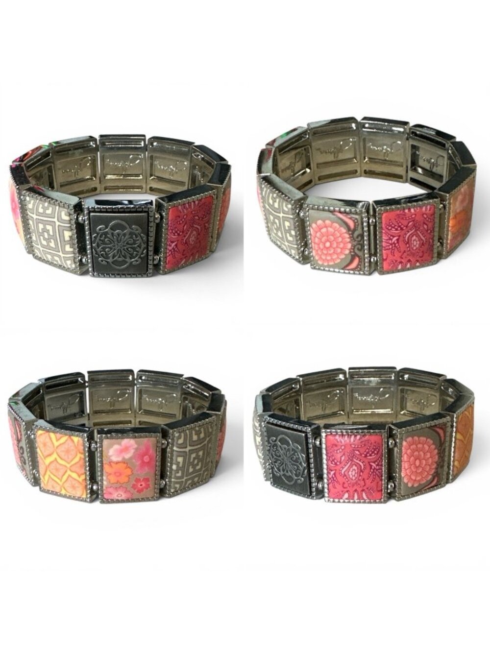 JILZARA Handmade Clay Bead Large Square Stretch Bracelet Pink Orange Gray Floral